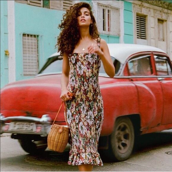 Faithfull The Brand Anthropologie Maya Midi Smocked Dress Brown‎ Floral Sz 2 - Picture 2 of 13